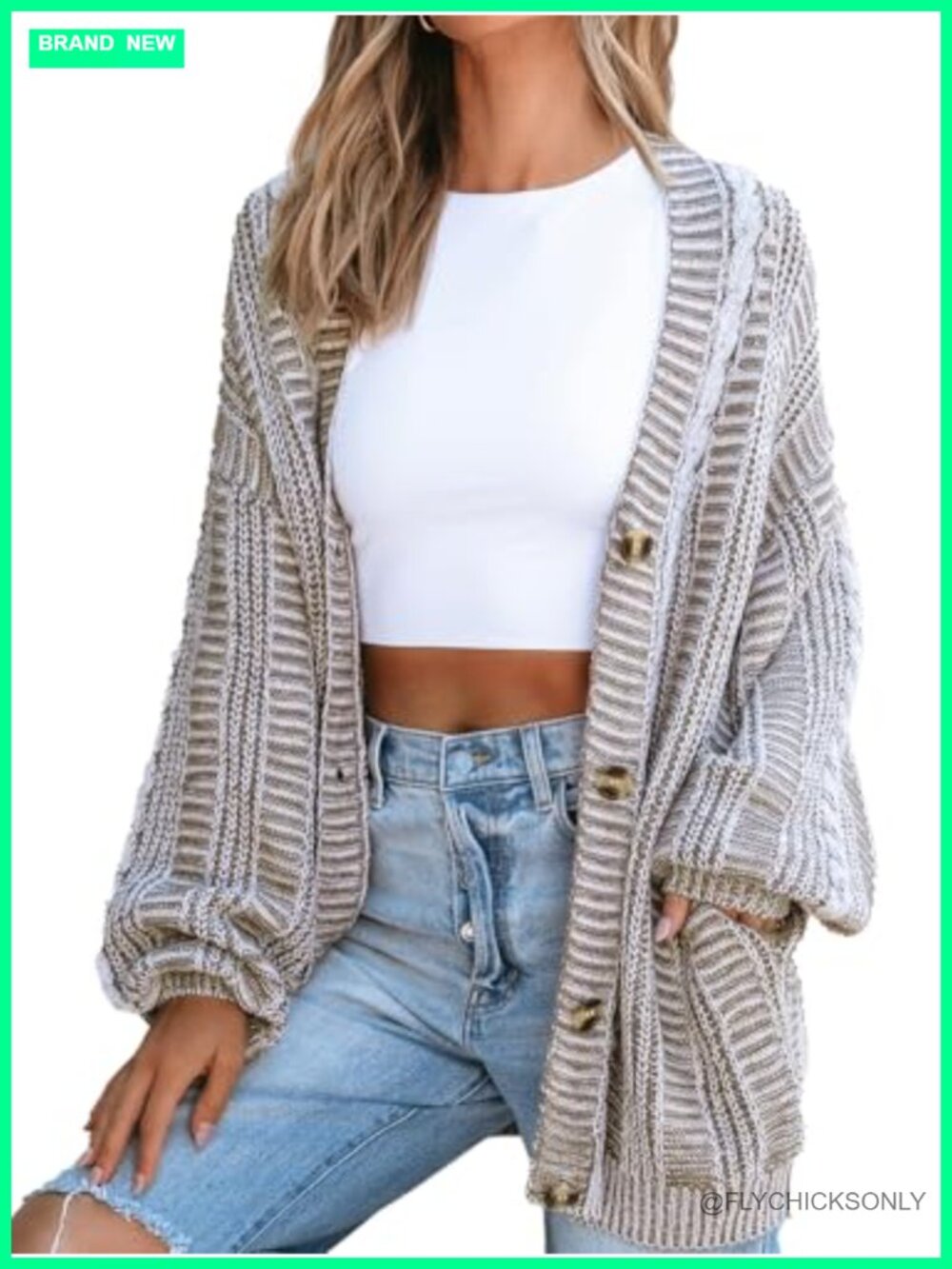 Chunky Knit Grandpa Cardigan, Open Front, Long Sleeve, Side Pockets